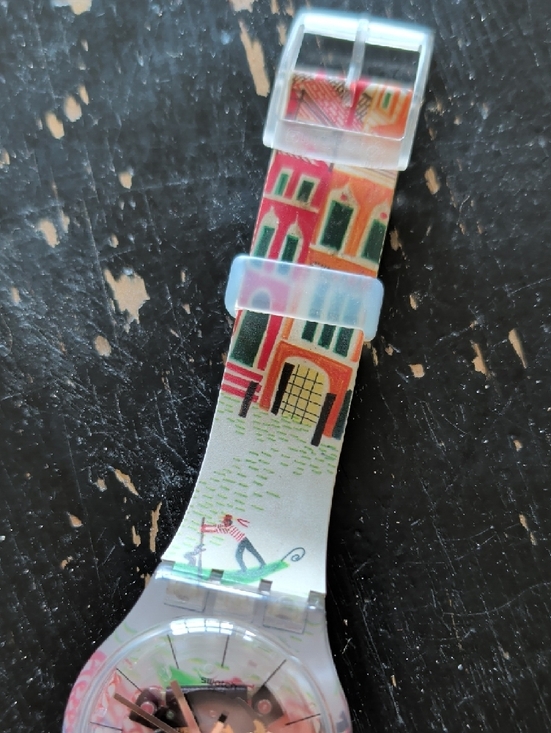 Swatch VENICE ONLY Multicolor Illustrated Silicone Wristwatch with Red Accent